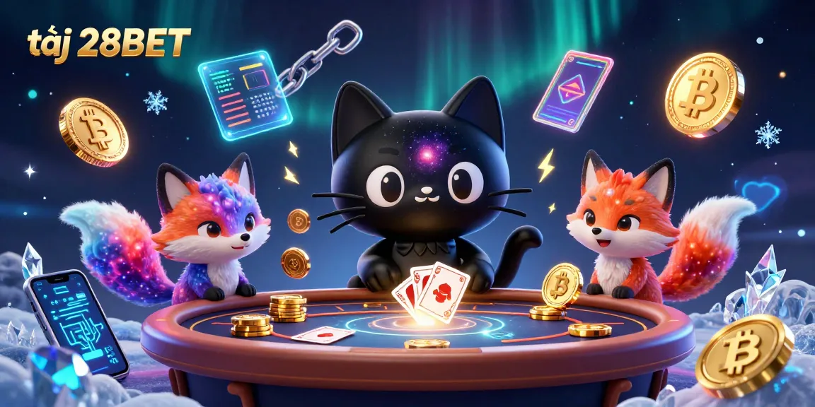 Play exciting games at 28BET, featuring a galactic cat and colorful characters amidst rich casino elements.