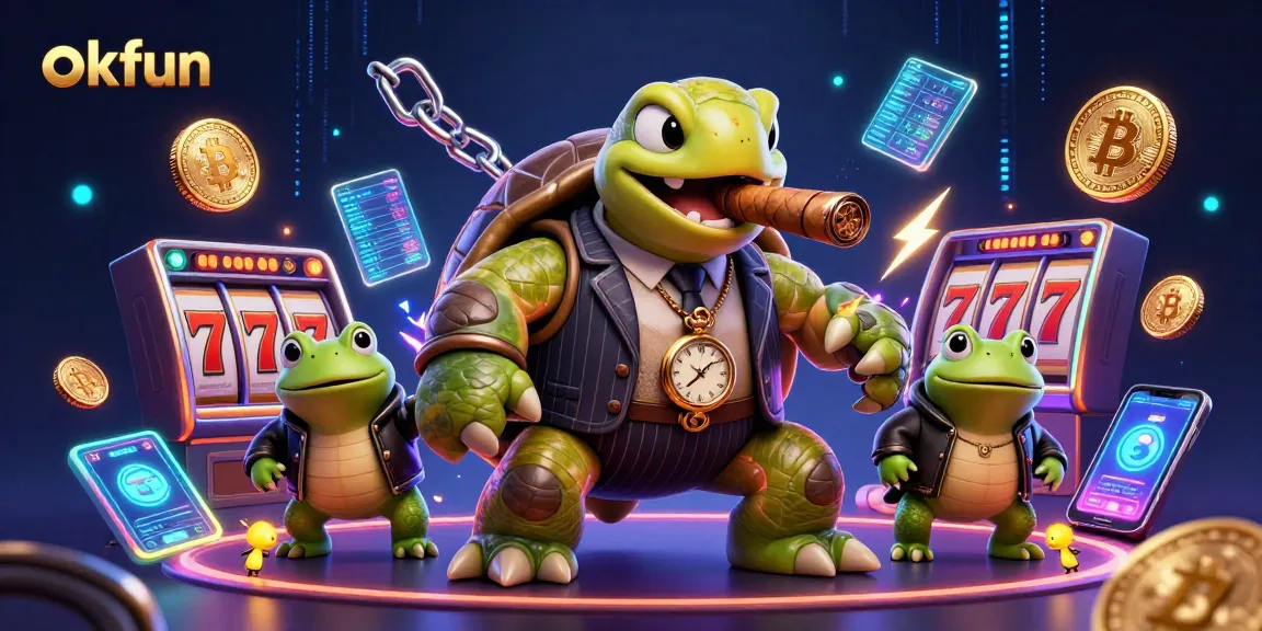 okfun showcases an engaging casino scene with a snapping turtle mobster, bullfrog enforcers, and dazzling slot games.