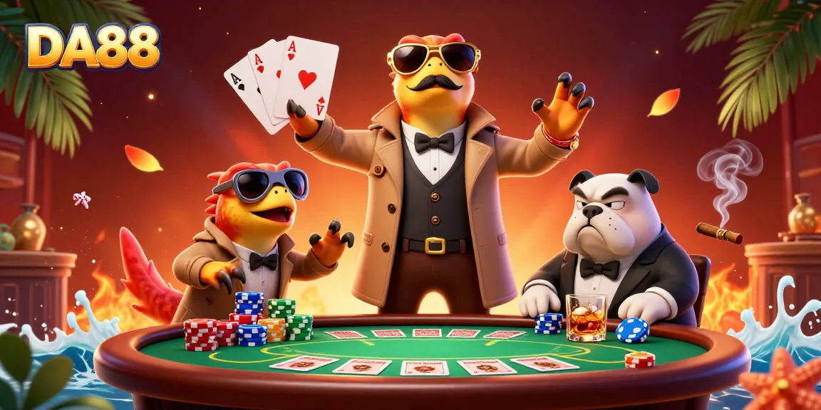 Experience thrilling poker action with DA88's vibrant 3D casino illustration featuring raptors.