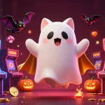 Engage with vibrant 9pokies gameplay featuring a friendly ghost cat and colorful arcade elements.