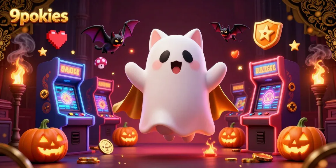 Engage with vibrant 9pokies gameplay featuring a friendly ghost cat and colorful arcade elements.