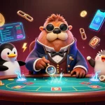 Engage in the online casino experience with players bluffing in a vibrant 3D poker scene.
