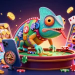 Experience game bài xóc đĩa with a lively chameleon casino owner, spinning reels, and golden treasures.