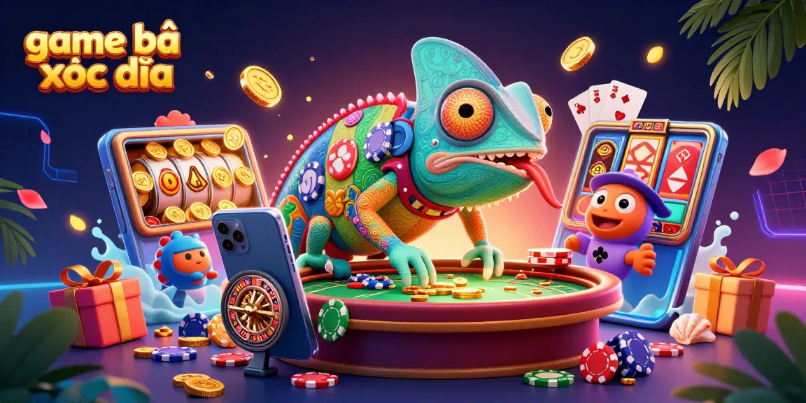 Experience game bài xóc đĩa with a lively chameleon casino owner, spinning reels, and golden treasures.