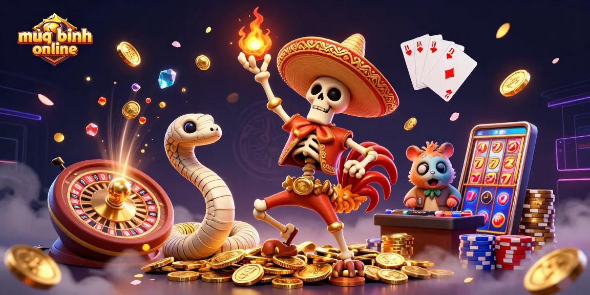 Experience thrilling mậu binh online action with a festive scene featuring dynamic characters and casino elements.