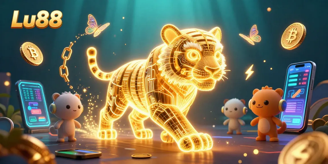 Engage with Lu88's vibrant digital casino, featuring a golden tiger and holographic elements.