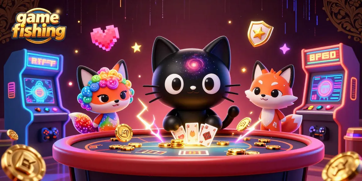 Engaging game fishing scene with a cosmic cat and vibrant gaming elements.