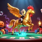 KUBET brings excitement to the casino experience with a golden rooster riding a spectral horse amidst poker action.
