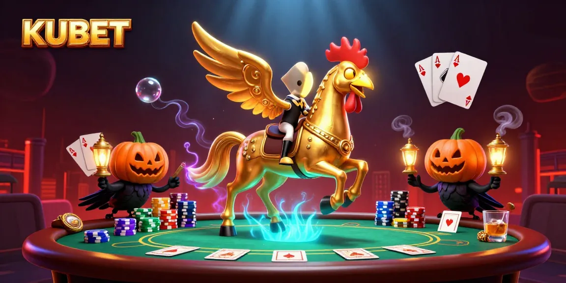 KUBET brings excitement to the casino experience with a golden rooster riding a spectral horse amidst poker action.