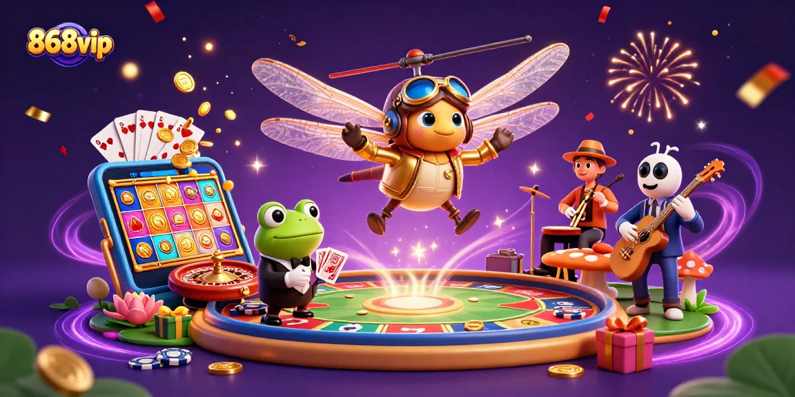 Engage with thrilling 868vip gameplay as a dragonfly pilot and frog dealer captivate the casino atmosphere.