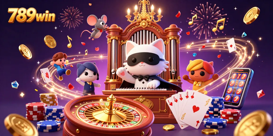 Engaging scene showcasing 789win with a cat phantom, acrobat, and casino elements like coins and cards.