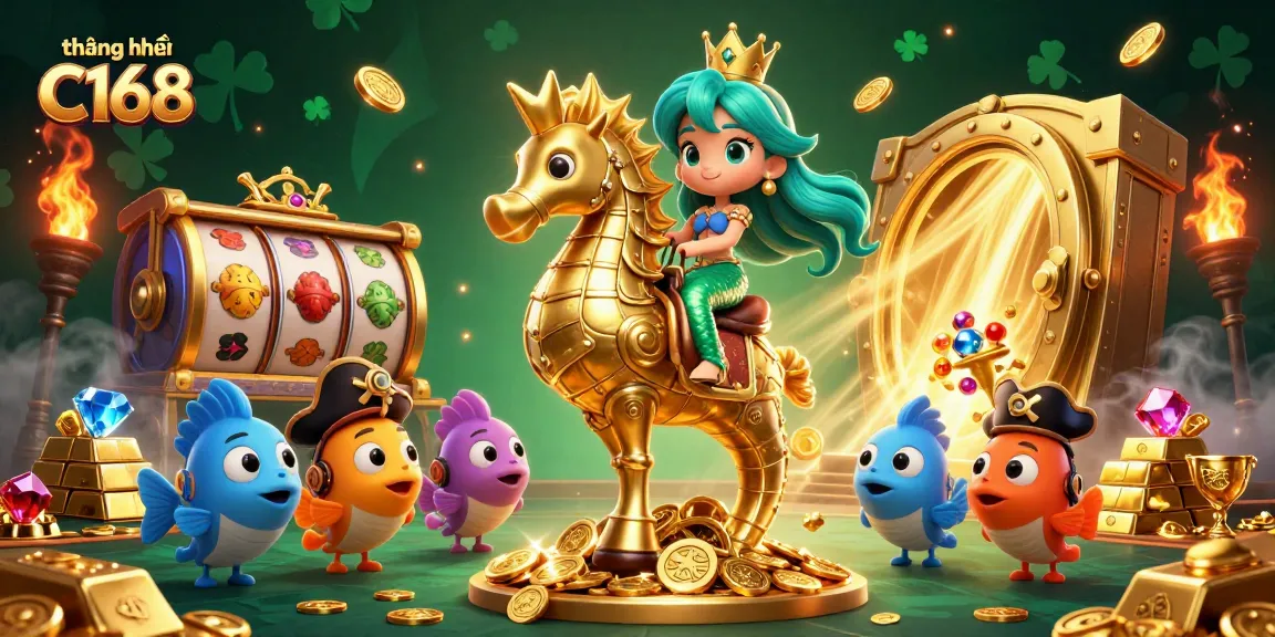 Engage in thrilling gaming adventures with thương hiệu C168, featuring vibrant casino elements in a lively underwater scene.