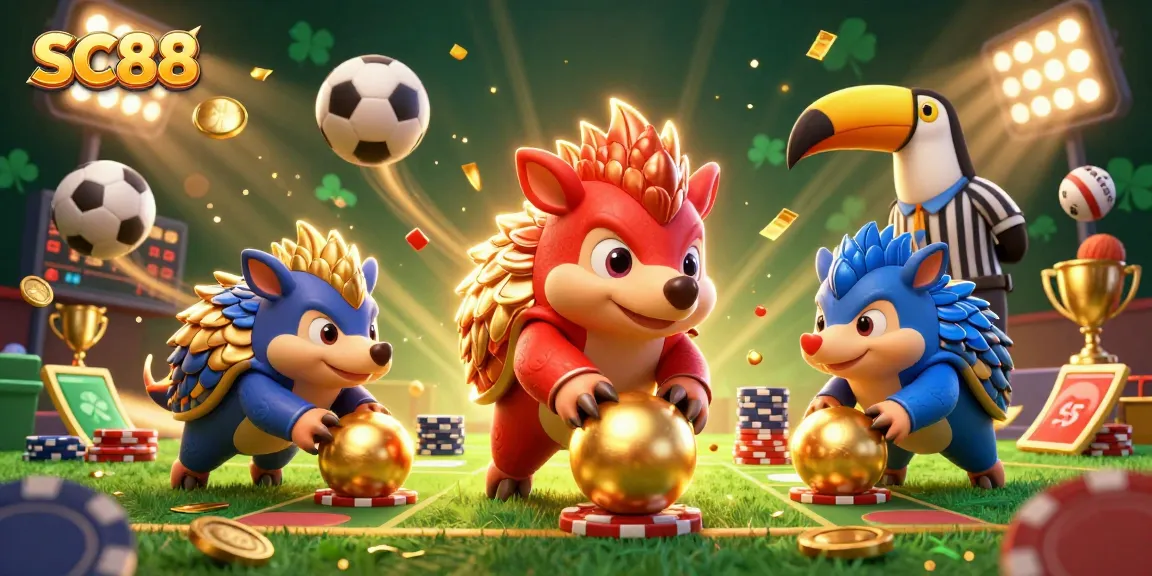 SC88 pangolins engage in a fun casino game with poker chips and sports elements.