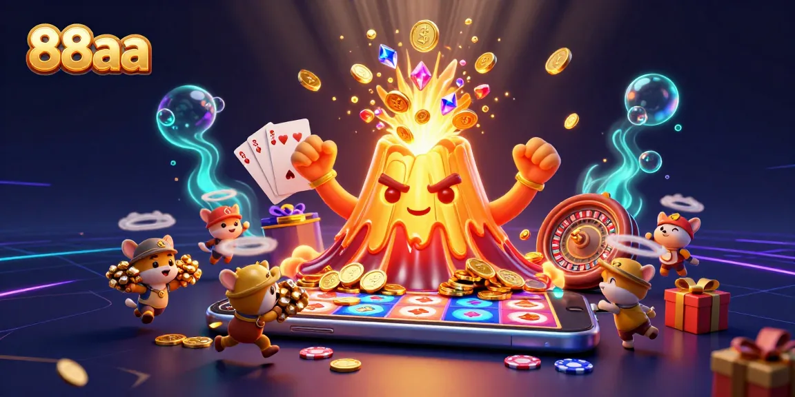 Experience the thrill of 88aa with vibrant treasure and gaming elements bursting from a golden volcano.