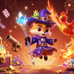 Unleash your luck with 78Win in a vibrant casino scene featuring a mystical wizard fox and a phoenix.