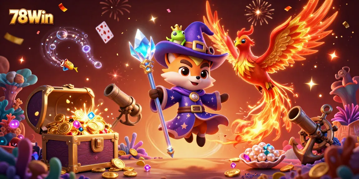 Unleash your luck with 78Win in a vibrant casino scene featuring a mystical wizard fox and a phoenix.