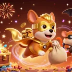 Jilibay celebrates gaming victories with a dynamic 3D illustration of a superhero dog and hamster amidst treasures and casino elements.
