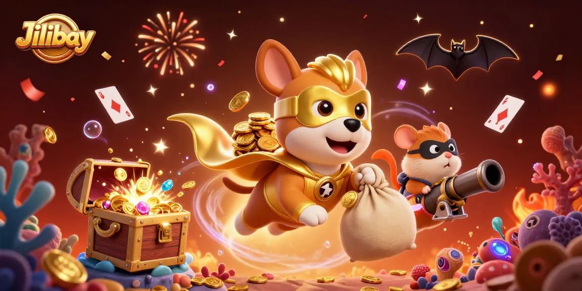 Jilibay celebrates gaming victories with a dynamic 3D illustration of a superhero dog and hamster amidst treasures and casino elements.