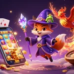 Baccarat online illustrated scene with a magical wizard fox and phoenix, surrounded by casino games and coins.