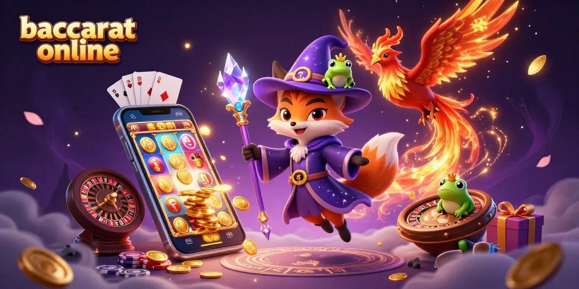Baccarat online illustrated scene with a magical wizard fox and phoenix, surrounded by casino games and coins.