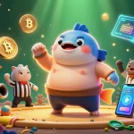 Bắn cá thần long game featuring a fugu fish, catfish referee, and lively underwater scene.