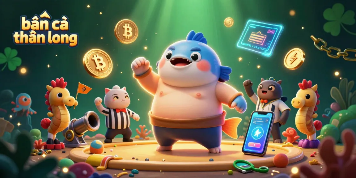 Bắn cá thần long game featuring a fugu fish, catfish referee, and lively underwater scene.