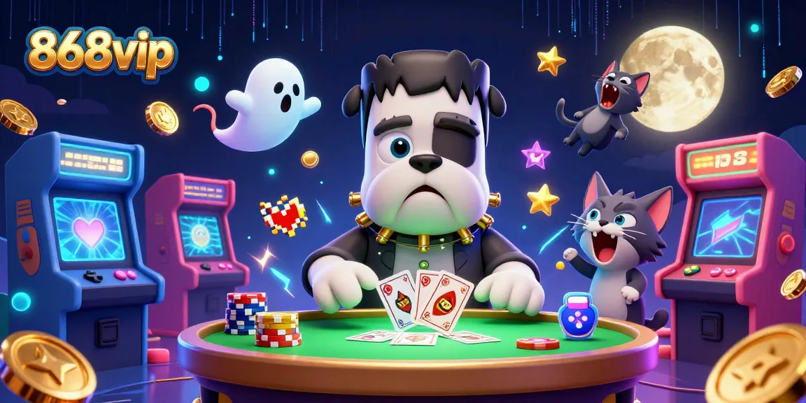 Experience thrilling games at 868vip, where the Frankenstein bulldog deals cards at a unique casino.