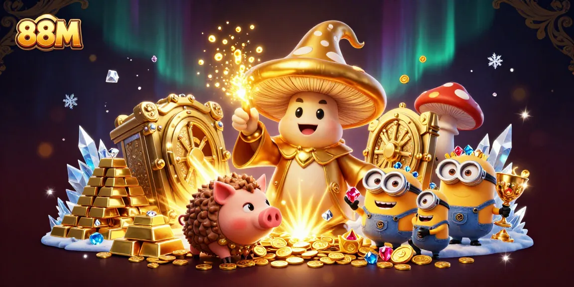Experience vibrant treasure magic with 88M's golden mushroom wizard and truffle pig in a rich casino scene.