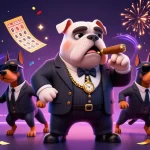 Hitclub showcases thrilling gameplay with a mafia boss bulldog and Doberman guards amidst vibrant casino elements.