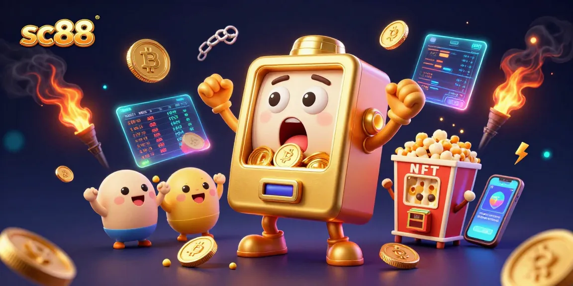 Engage with the thrilling sc88 experience as a golden slot machine hits the jackpot with cheers and crypto excitement!