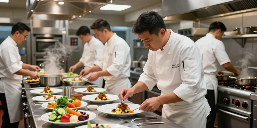 Catering equipment in a professional kitchen with chef plating gourmet dishes during dinner service