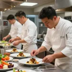 Catering equipment in a professional kitchen with chef plating gourmet dishes during dinner service