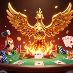 Nổ hũ mahjong titan showcases a golden phoenix with gold coins emerging, surrounded by poker chips and cards in a vibrant casino setting.