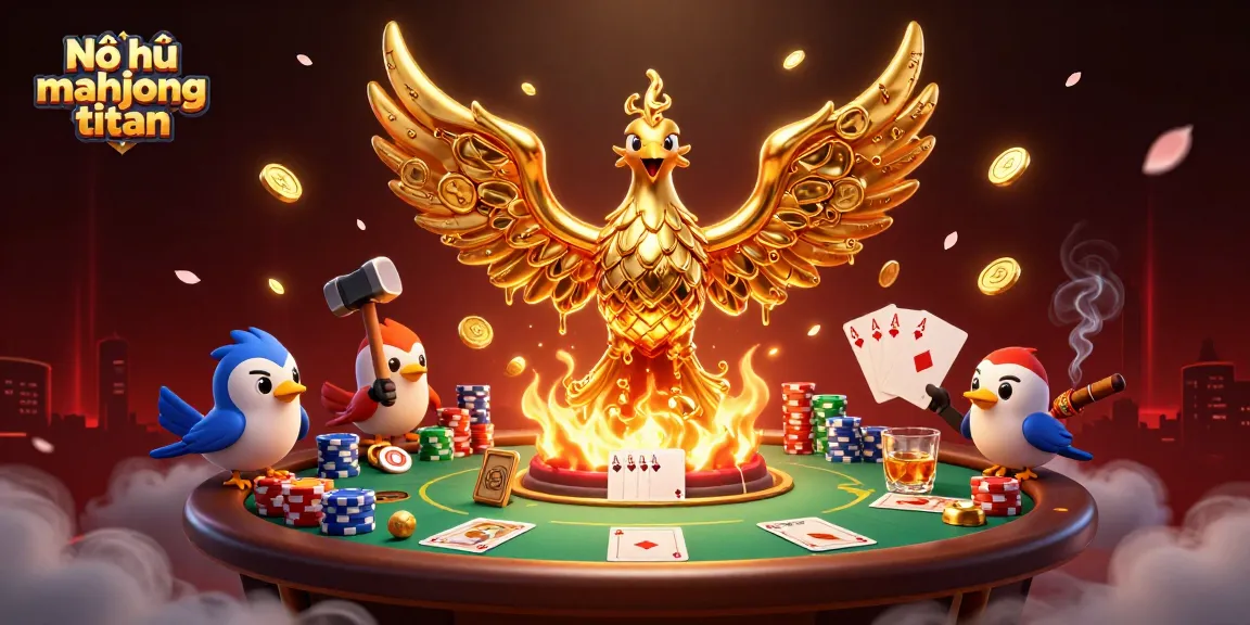 Nổ hũ mahjong titan showcases a golden phoenix with gold coins emerging, surrounded by poker chips and cards in a vibrant casino setting.