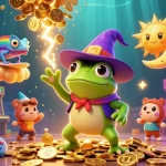 Engage in the magical world of okfun with a 3D frog wizard and chameleon amidst gold coins and gaming elements.