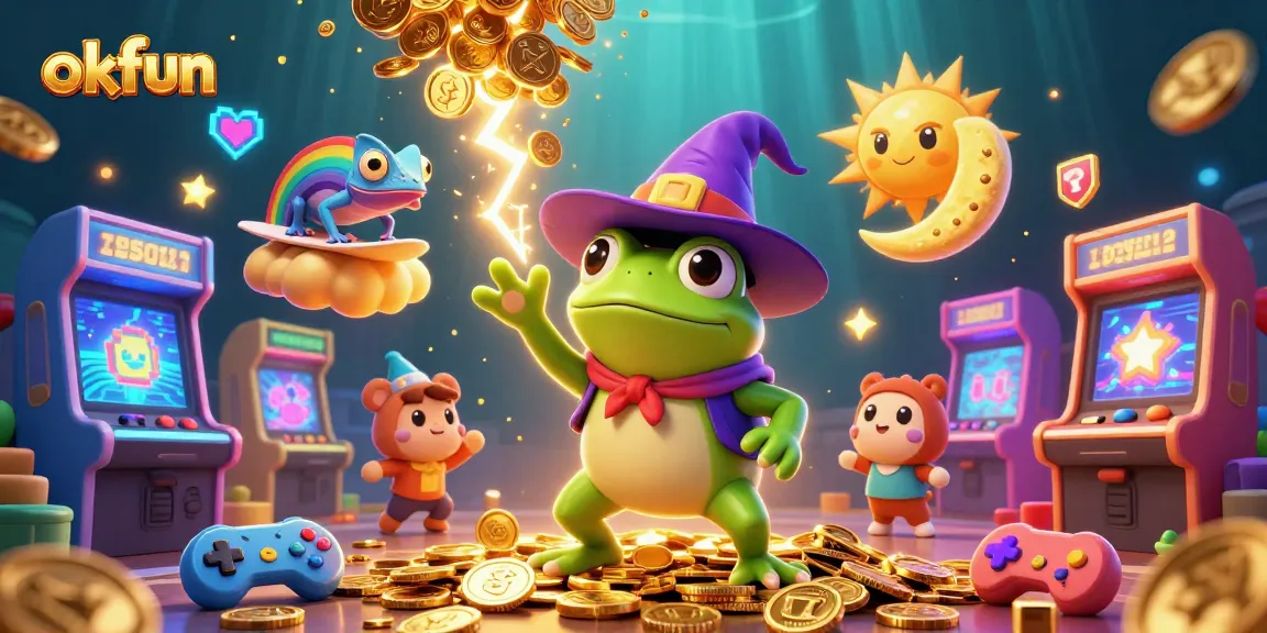 Engage in the magical world of okfun with a 3D frog wizard and chameleon amidst gold coins and gaming elements.