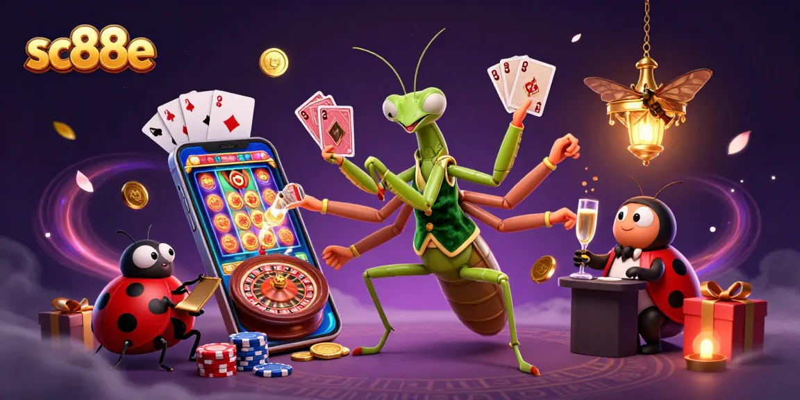Engage in thrilling casino fun with sc88e's vibrant digital illustration showcasing a mantis card sharp.