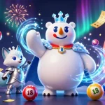 MAY88 enhances excitement with a 3D polar bear king and snowy companion among vibrant lotto elements.