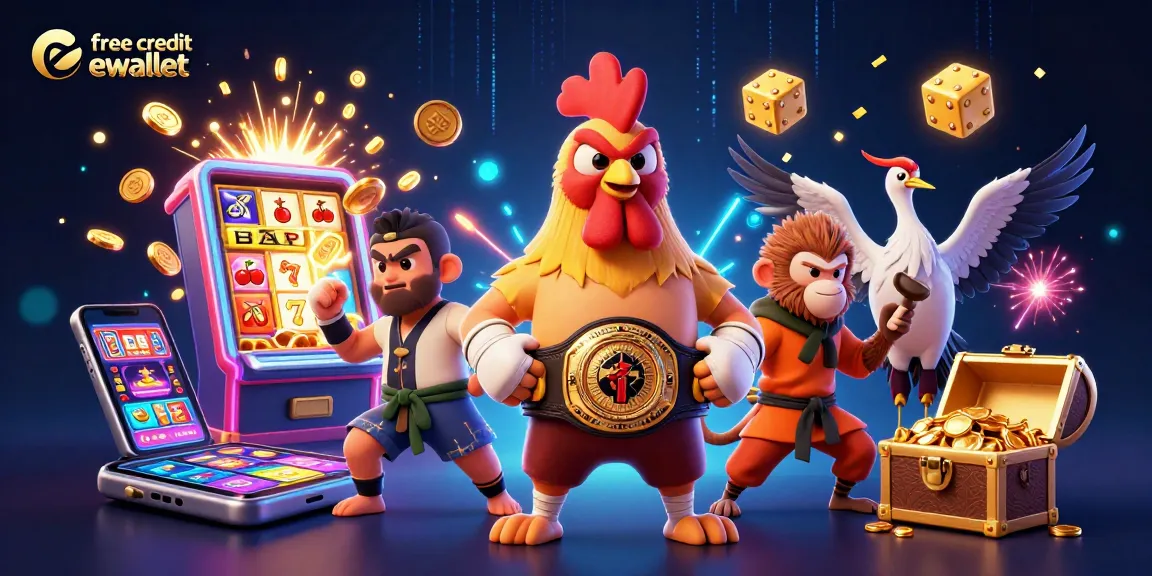 Engage with free credit ewallet as dynamic characters celebrate winnings amidst thrilling casino elements.