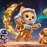 Engage in thrilling adventures at sin88ax with a golden astronaut cat and robot dog in a vibrant casino nebula.