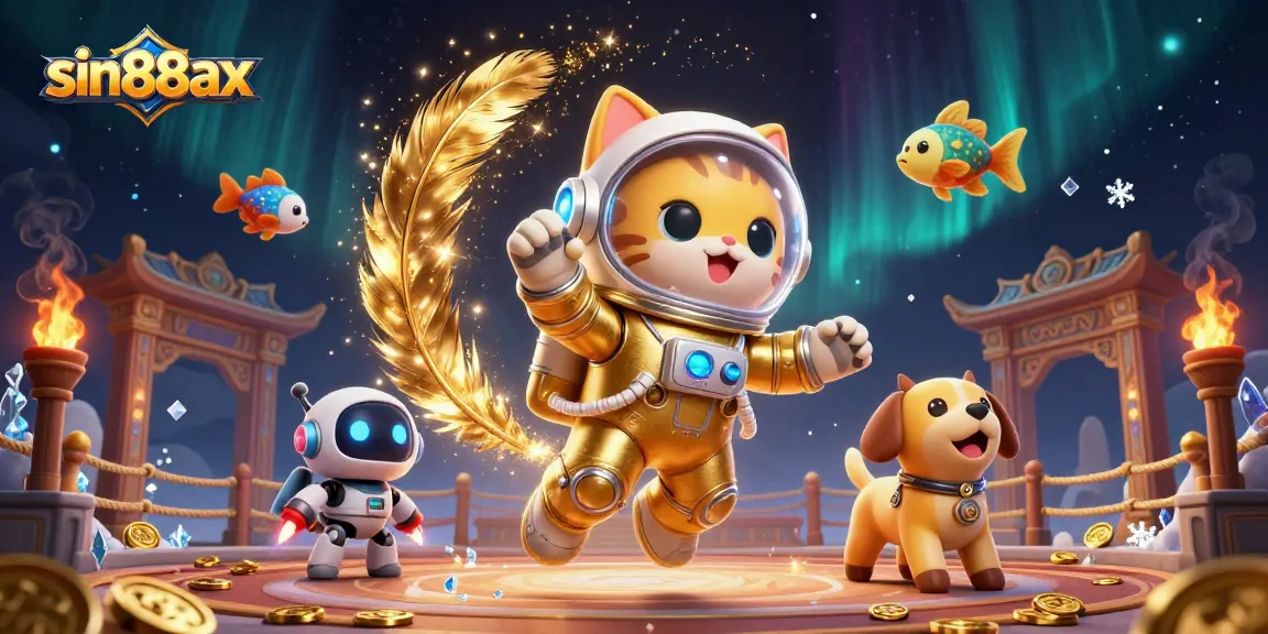 Engage in thrilling adventures at sin88ax with a golden astronaut cat and robot dog in a vibrant casino nebula.